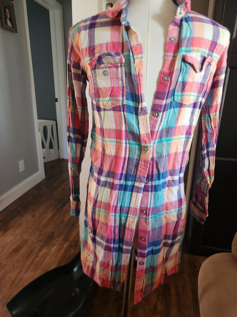 GAP Multicolor Plaid Cotton Button-Down Dress - Pink, Purple, Blue, Teal